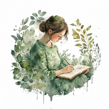 Watercolor illustration of Mila writing in a book among green leaves