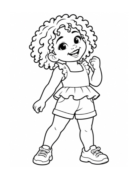 Coloring page of Lila smiling in her sneakers, ready for the park